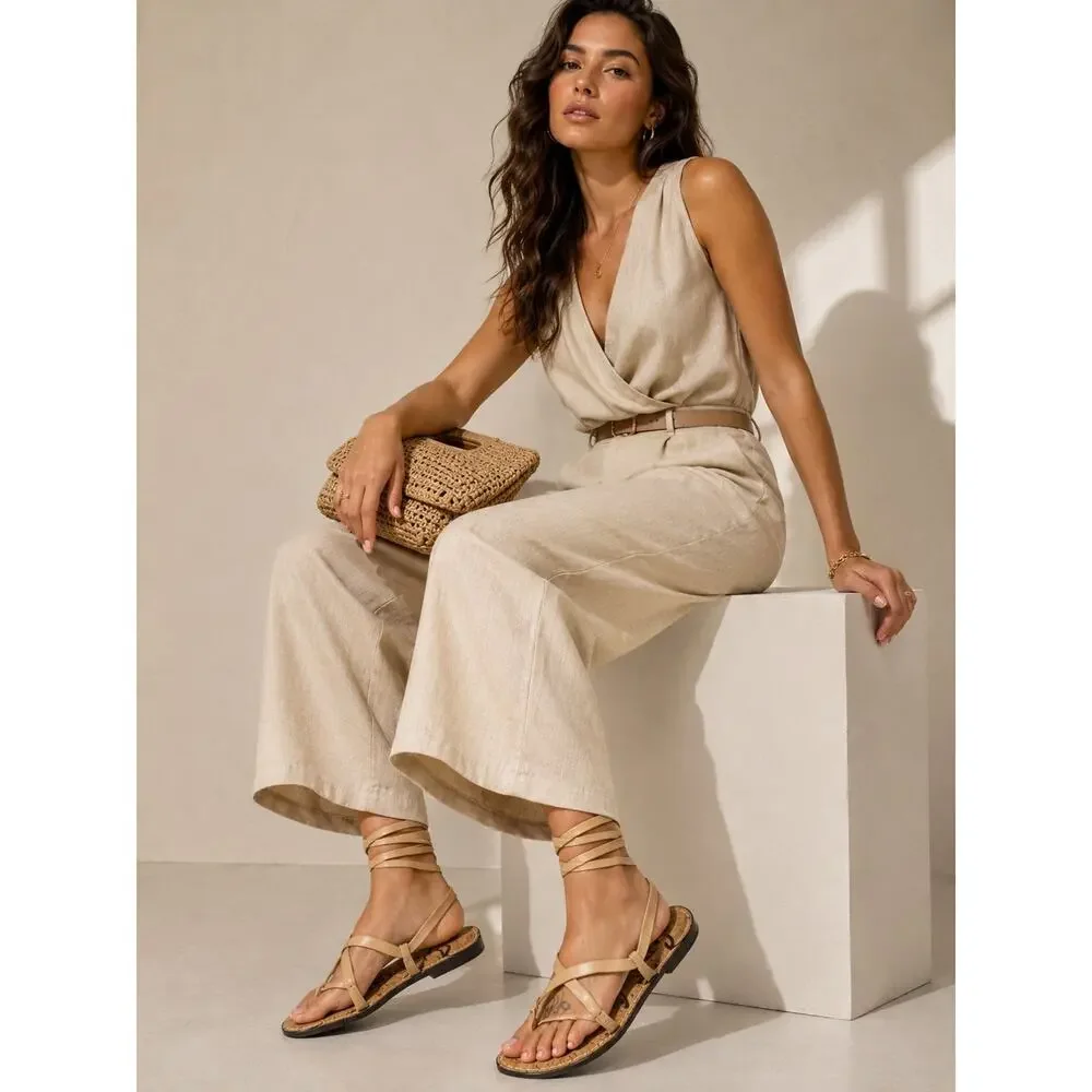 Sam Edelman "Glenda" Gladiator Sandal - Women's Size 6.5M Beige Tan Flats - Picture 1 of 9